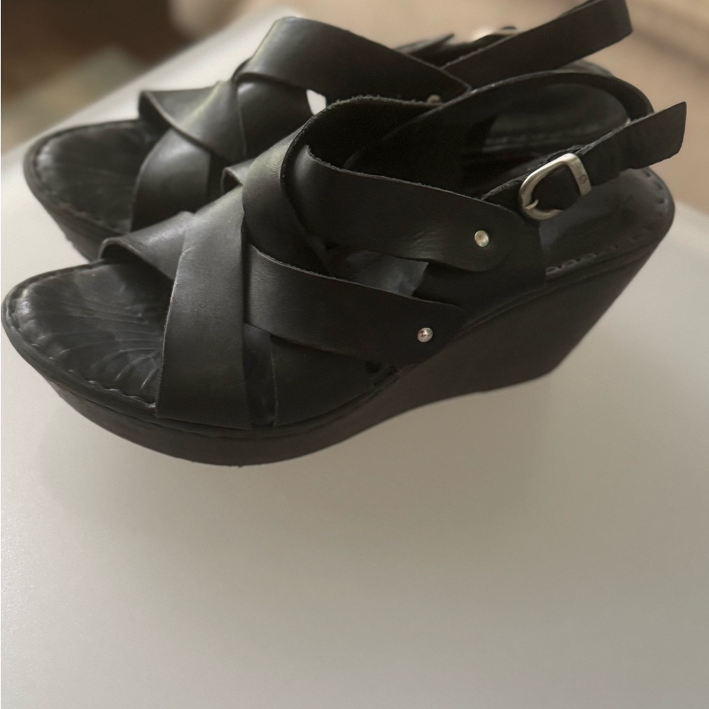 Born Black Leather Wedge Sandals